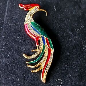Gold, red, green and faux diamond encrusted bird pin